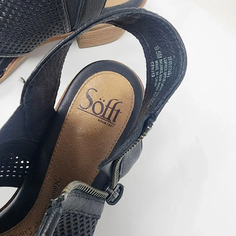 Sofft Nadira Sandal Size 9.5M Black Leather Perforated Peep Toe Zipper SF0027301